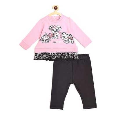 Girls Light Pink Printed Sweatshirt with Leggings Set